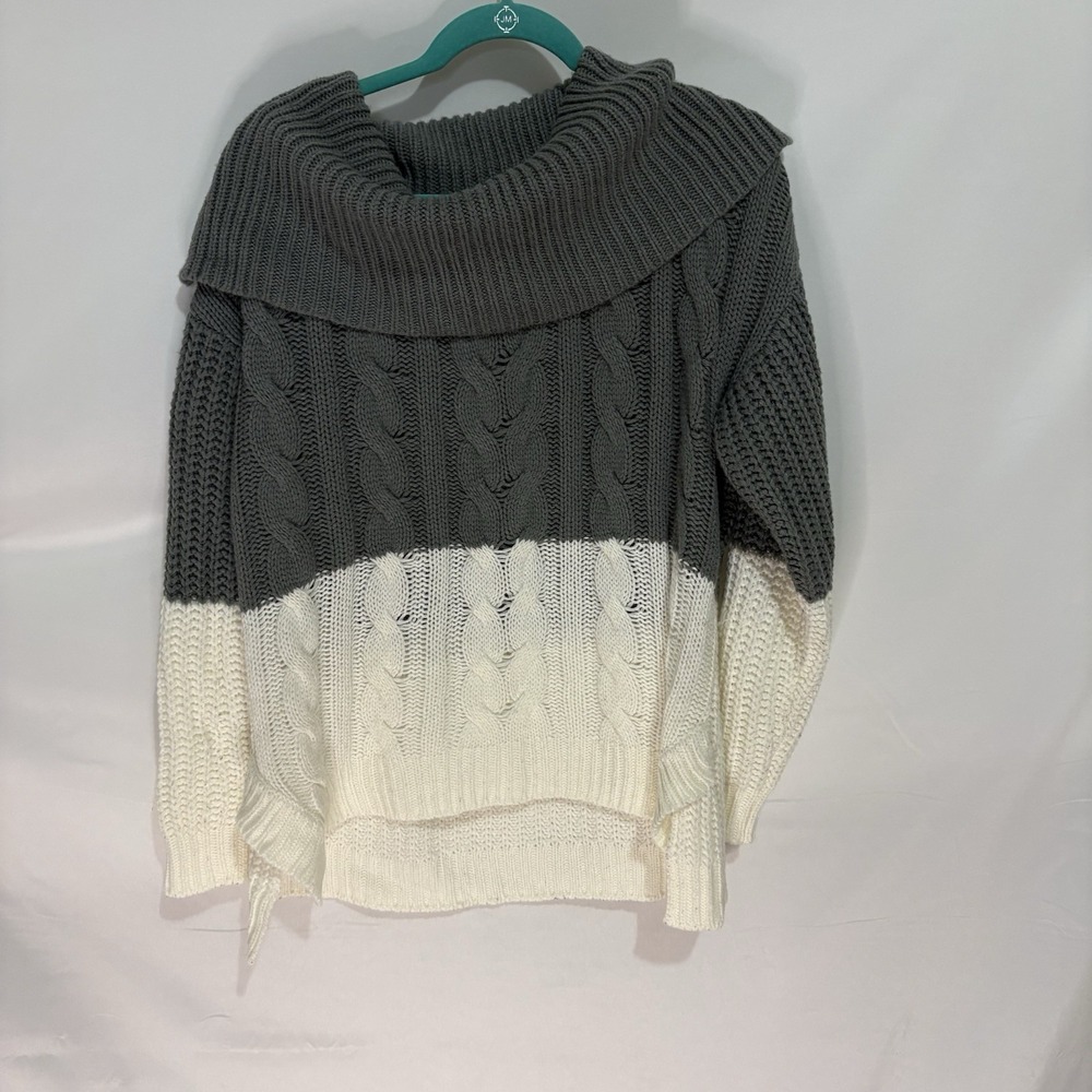 Kikit Women Grey White Cable Knit Cowl Neck Sweater XL 605610 Pullover